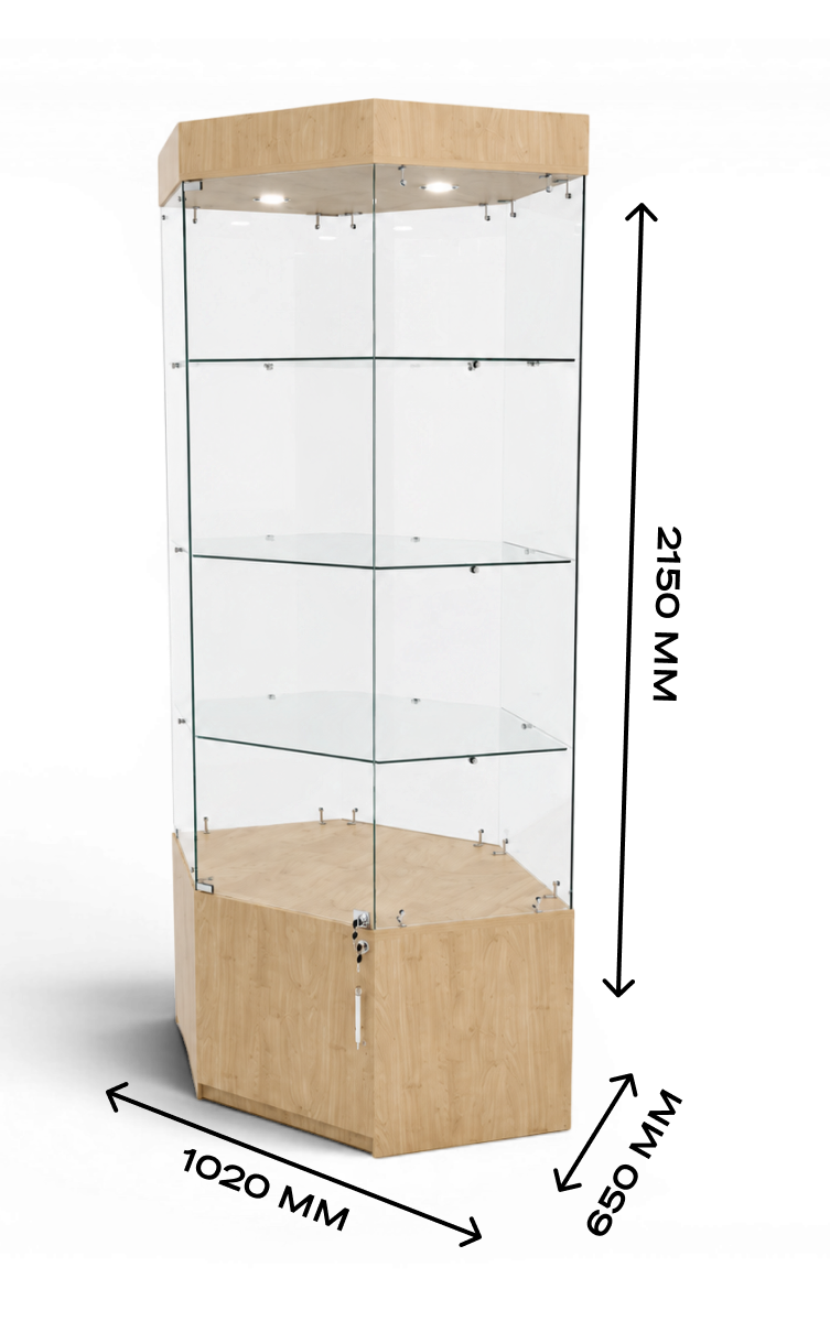 Стеклянная витрина шестиугольная с нишей и подсветкой, цвет бежевый-айконик