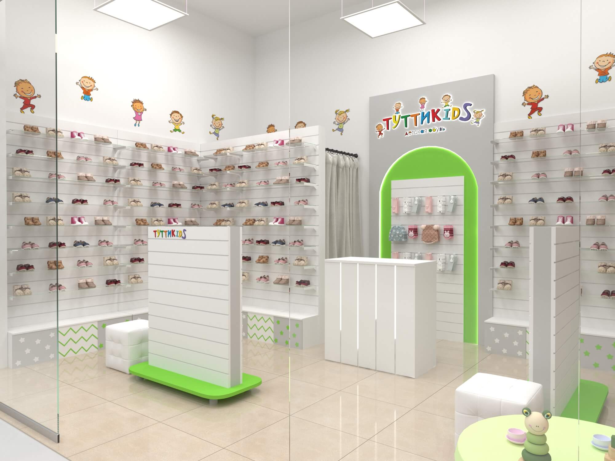 Дизайн и оформление витрин магазина детской одежды, обуви и аксессуаров Isola Piccolo