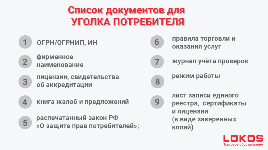 Какие документы нужны для уголка покупателя?